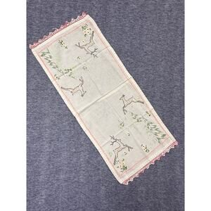Vintage Handmade Embroidery Table Dresser Runner Deer Trees Flowers Approx 12x28